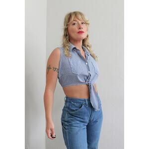 1960's Vintage Gingham Cropped Tie Front Blouse Women's Medium to Large MD LG